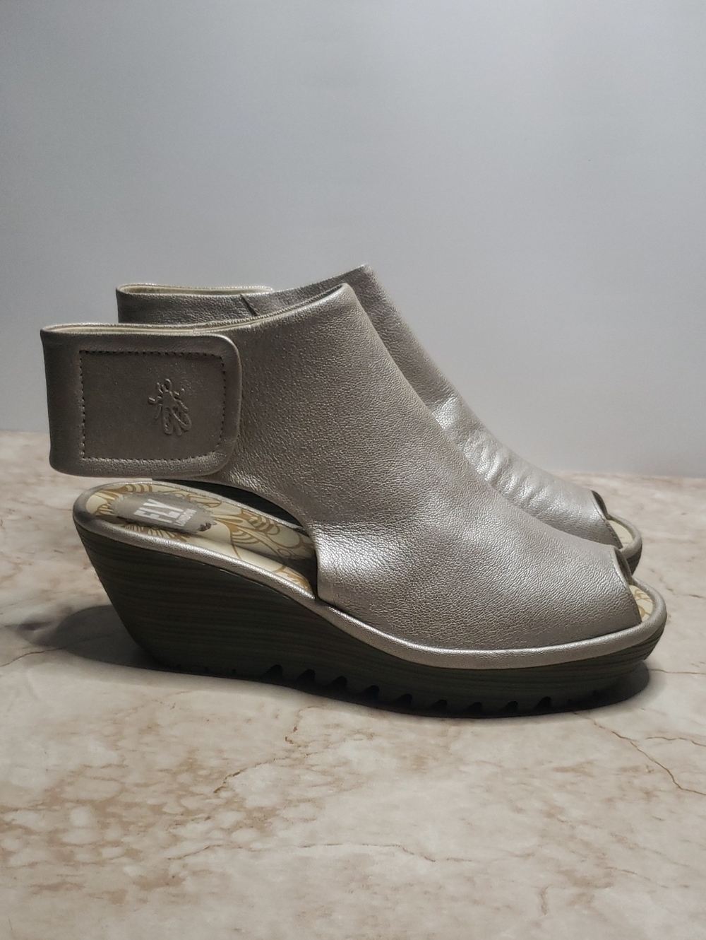 Fly London Comfort Wedge Sandals in Metallic Pearl